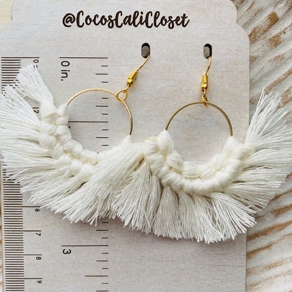 Boho Macrame Tassel Drop Hoop Earrings NWT - Picture 4 of 4